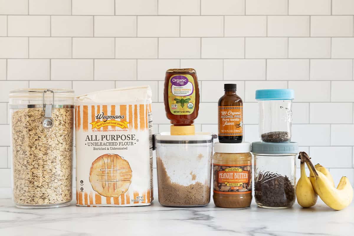 Ingredients on countertop for peanut butter granola bars.