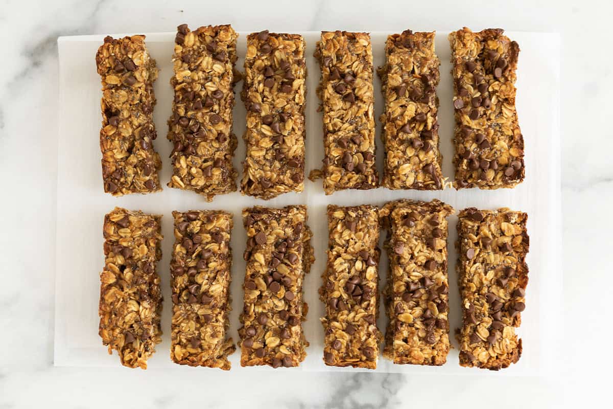 Peanut butter granola bars on parchment paper. 