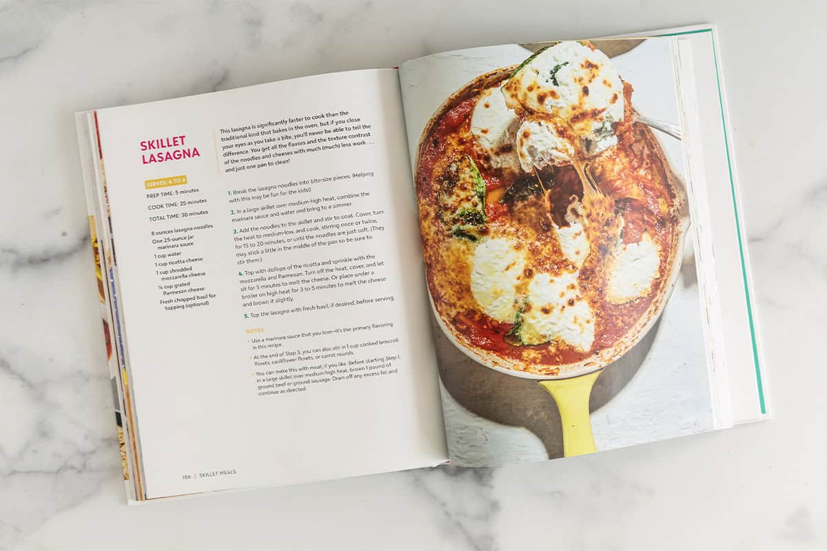 Picture of skillet lasagna in cookbook.