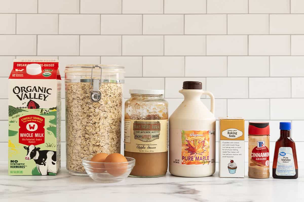 Ingredients for apple oatmeal muffins on countertop.