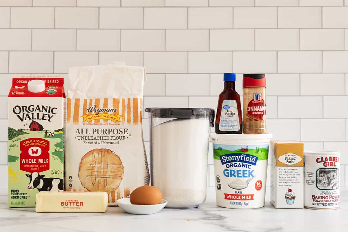 ingredients in baked donuts on counter.