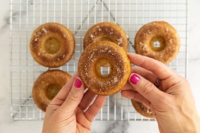 Hands holding baked donut.