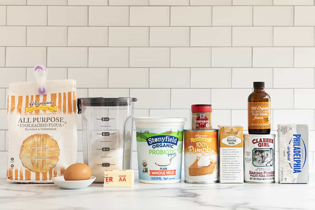 Pumpkin cake ingredients on countertop.