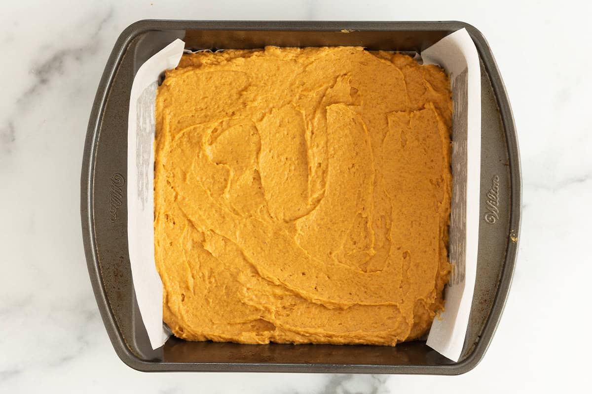 Pumpkin cake in pan before baking.