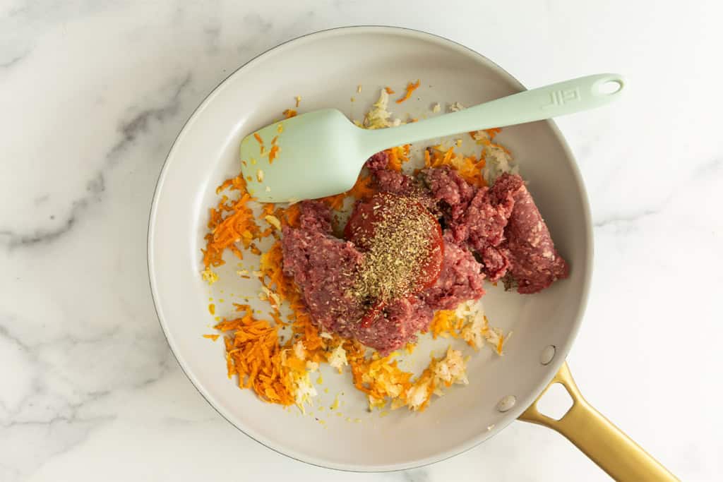 Ingredients for sloppy joes in frying pan.