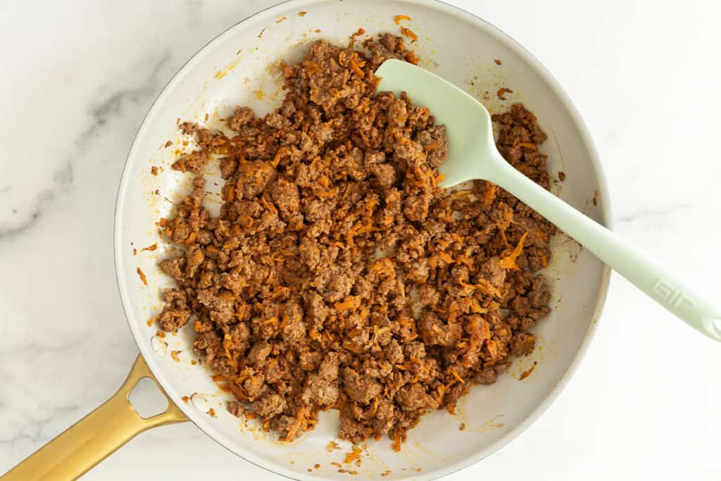 Sloppy joe meat mixture in frying pan.