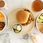 sloppy joes on three plates with sides.