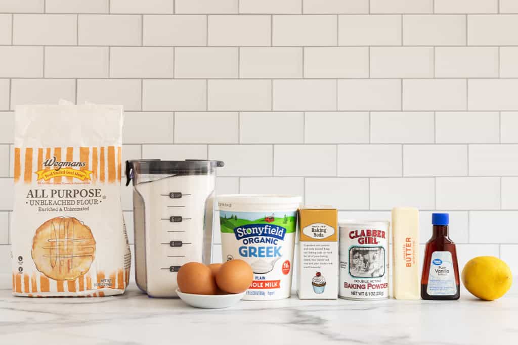 ingredients for greek yogurt cake on counter.