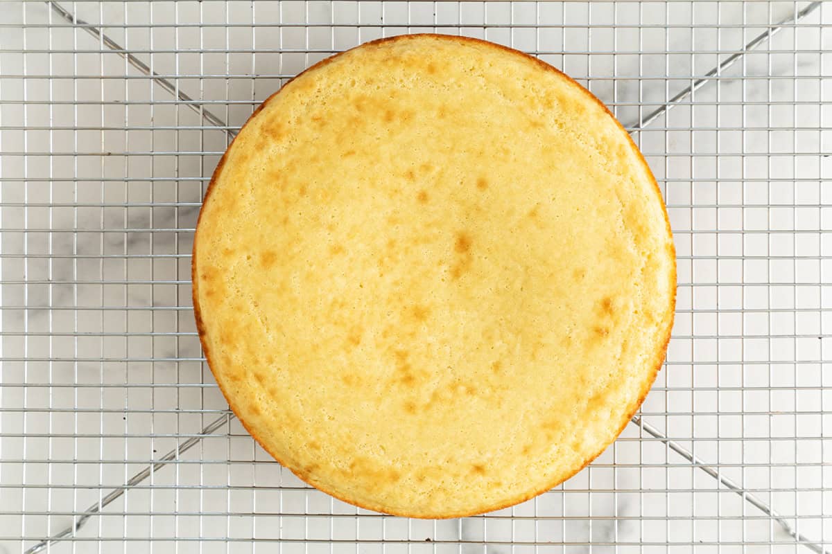 Greek yogurt cake on cooling rack.