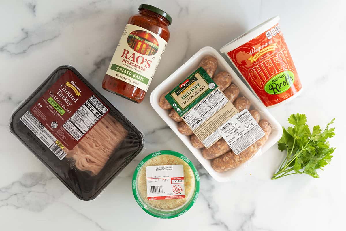 Ingredients for ricotta meatballs on countertop.