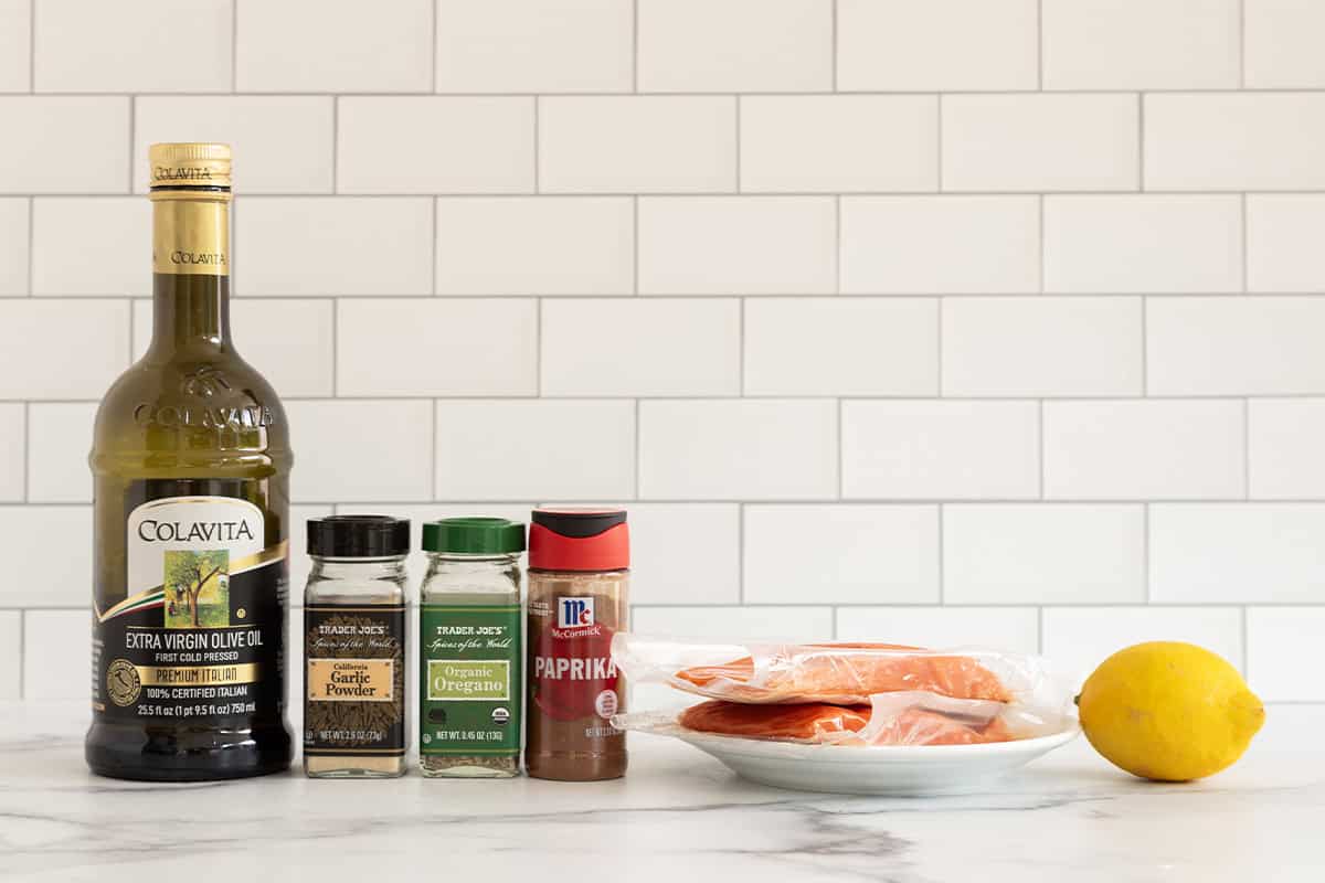 Ingredients for salmon bites on countertop.