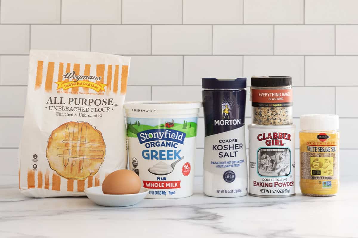 Ingredients for bagels on countertop.