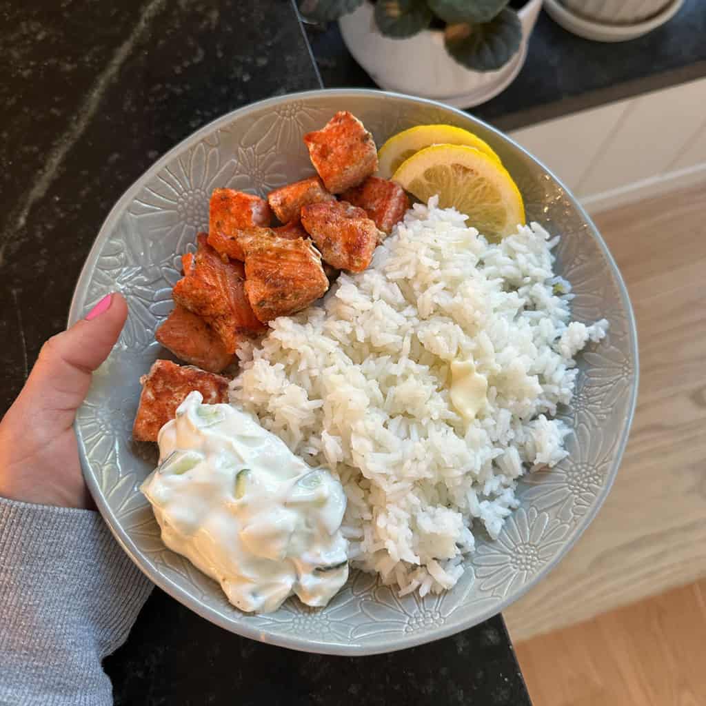 salmon bites and rice in gray bowl.