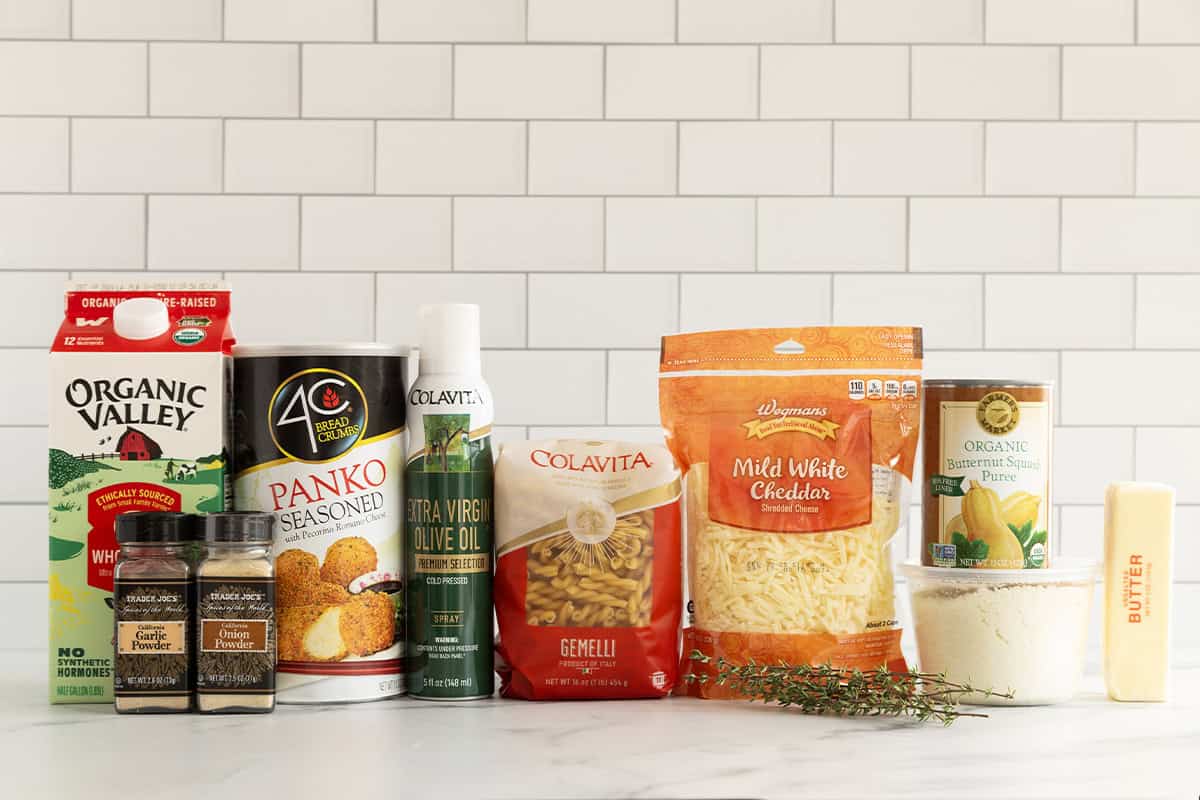 ingredients in butternut squash pasta bake on counter.