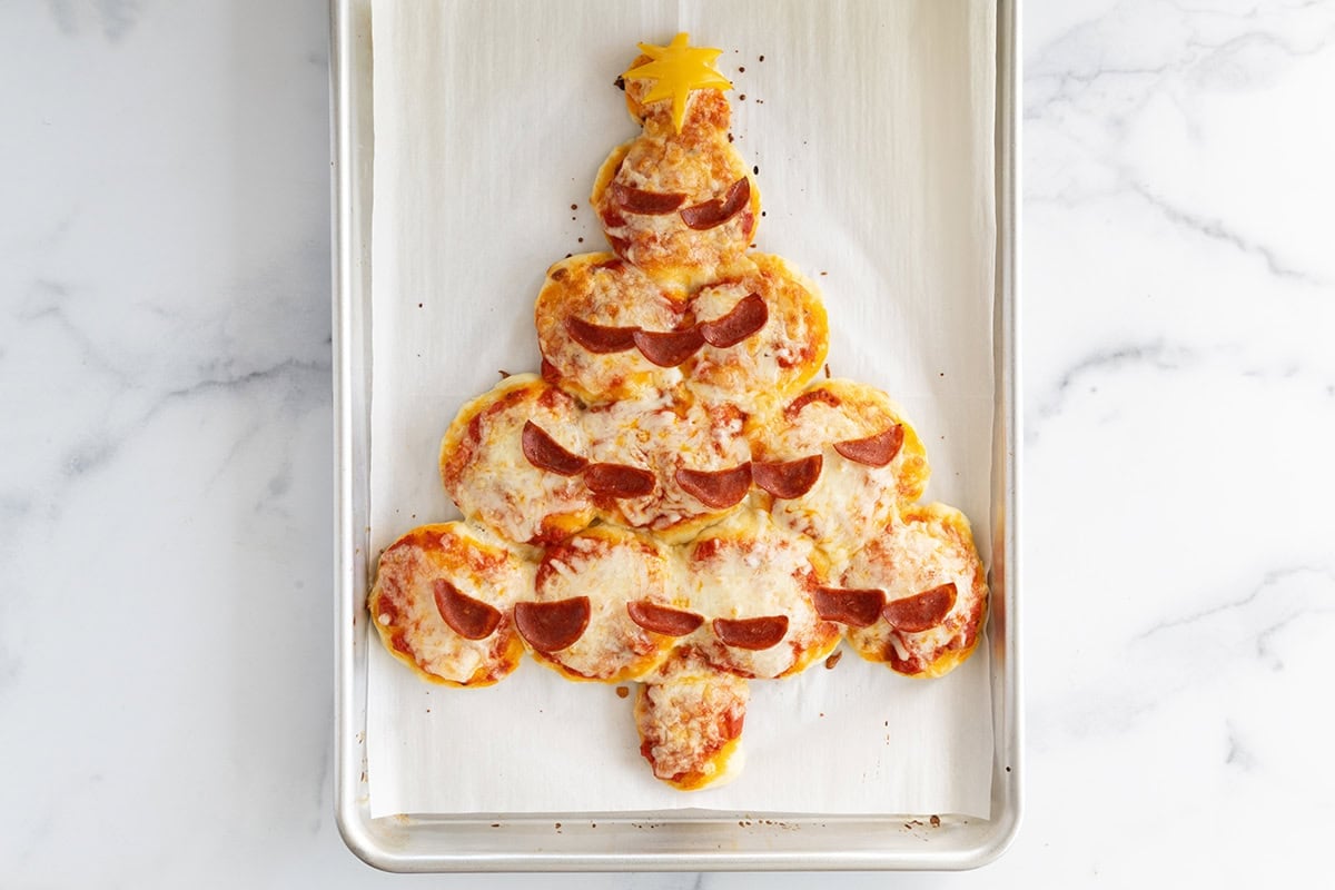 Christmas pizza on baking sheet after baking.