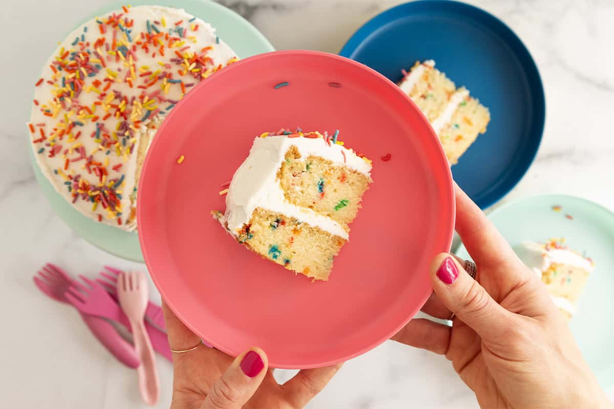 Hands holding plate of funfetti cake. 