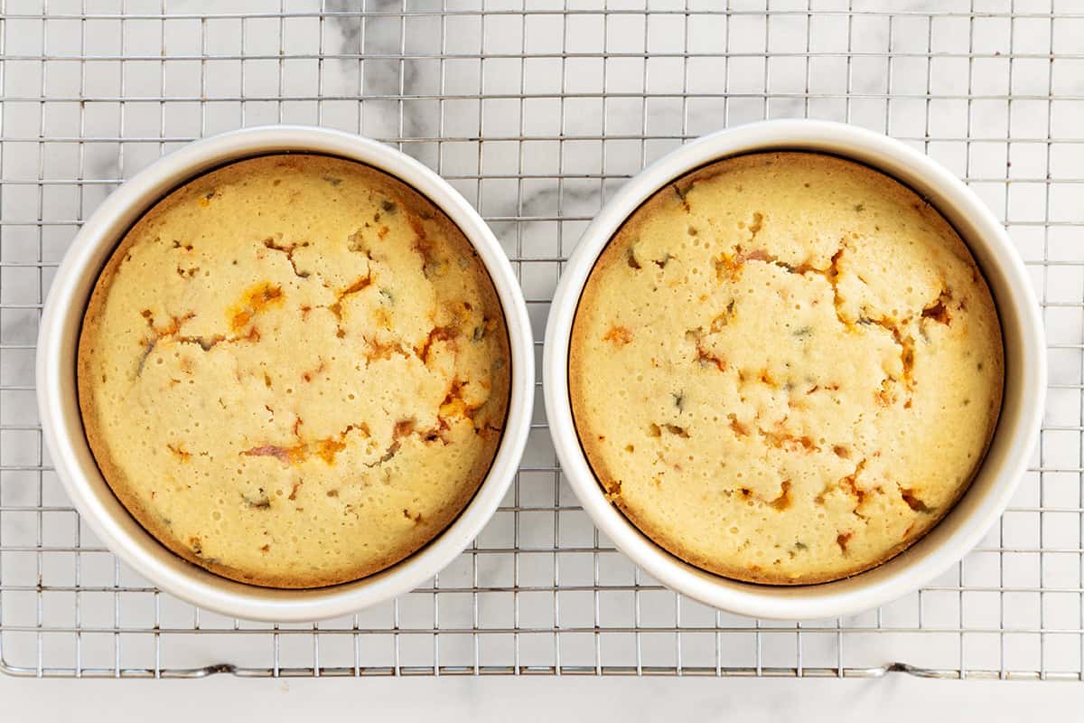 Funfetti cake in two cake pans after baking.