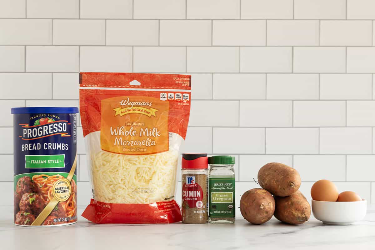 Ingredients for sweet potato fritters on countertop.