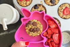 oatmeal cup on pink plate.