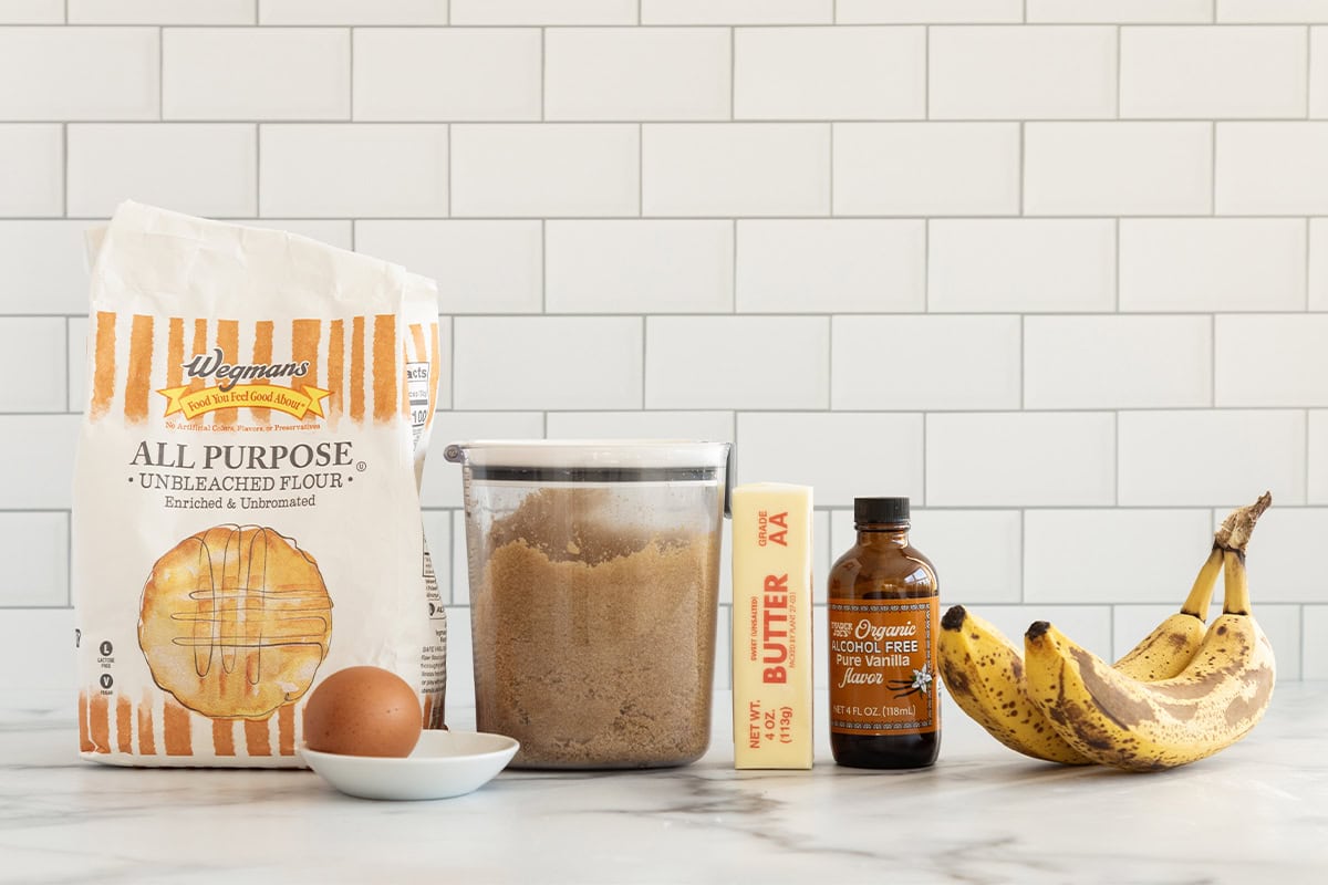 Ingredients for banana blondies on countertop.