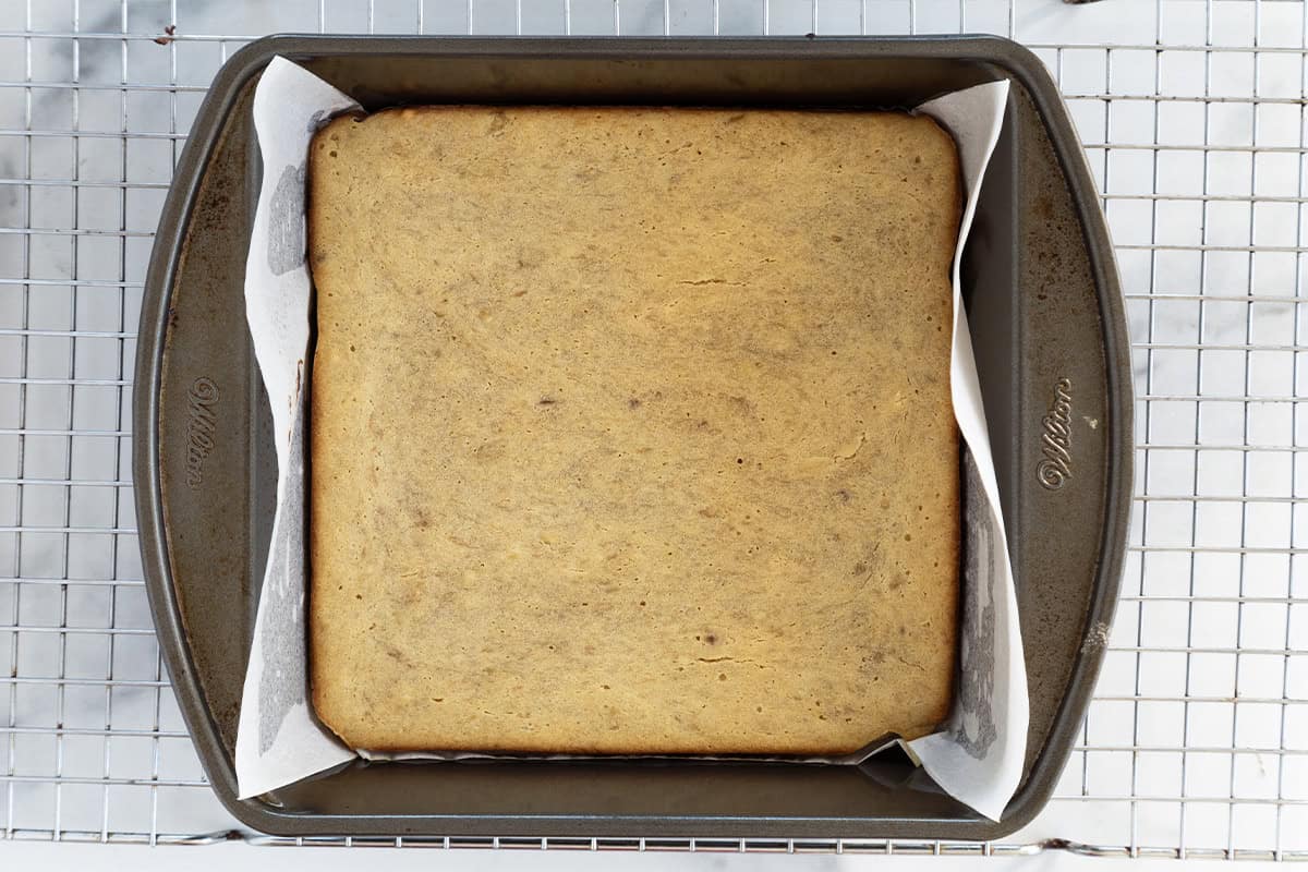 Banana blondies in baking pan after baking.