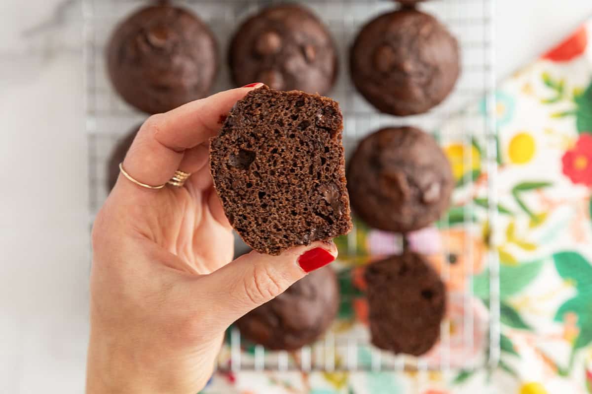 Hand holding double chocolate muffin half.