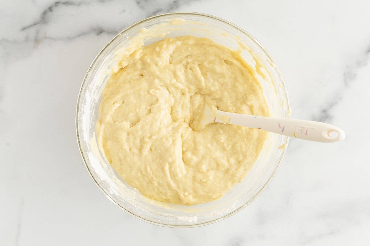 Batter for snack cake in glass bowl.