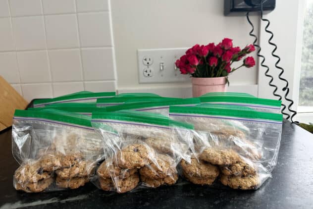 cookies in bags on the counter.