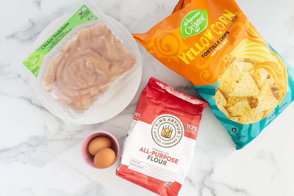 ingredients in air fryer chicken tenders on counter.