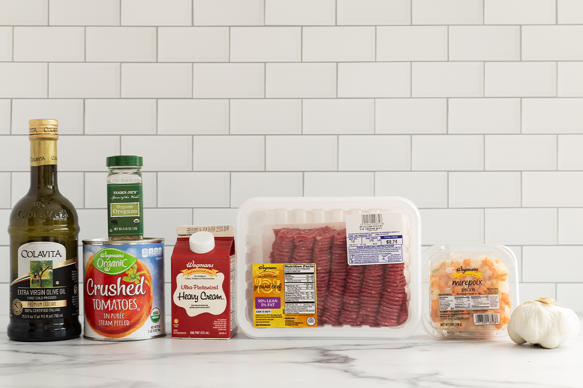 Ingredients for baby bolognese on countertop.