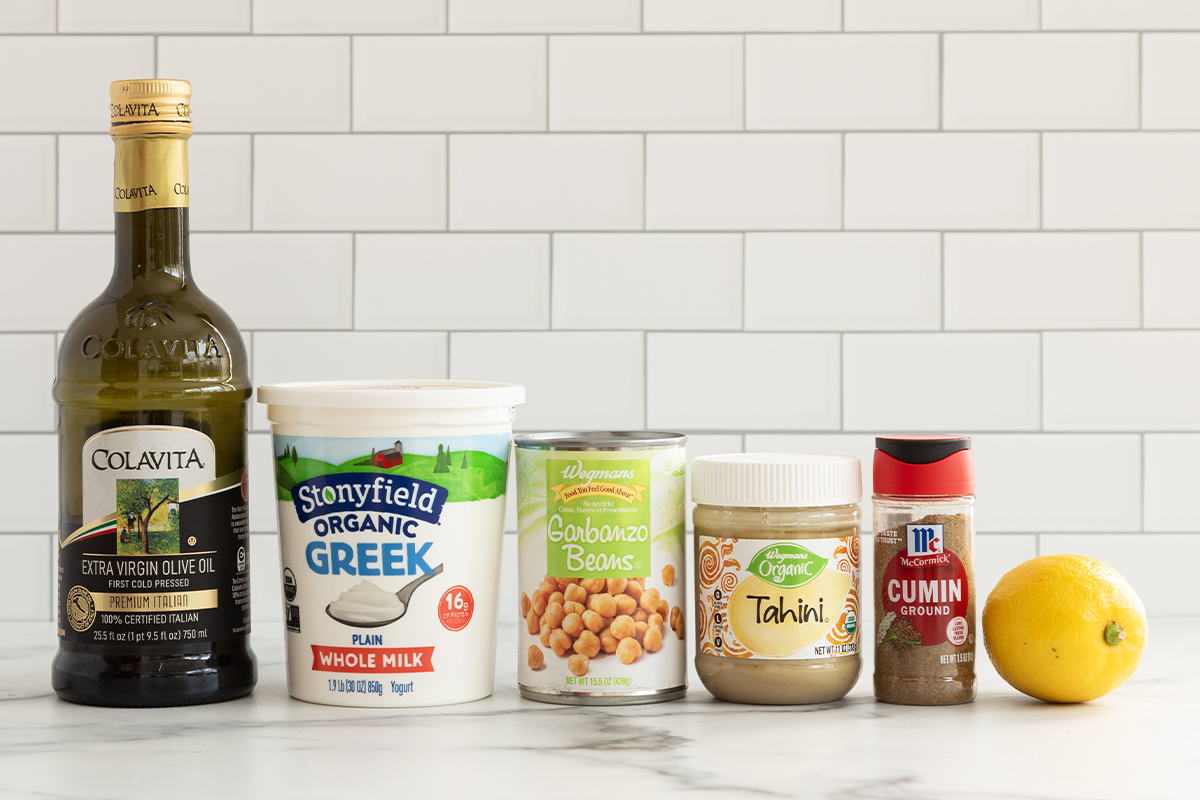 Ingredients for baby hummus on countertop.