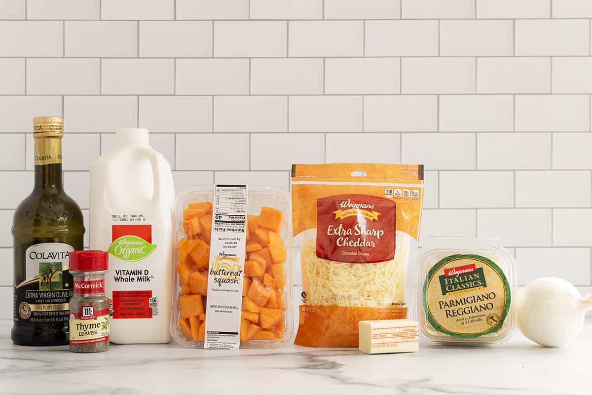 Ingredients for butternut squash on countertop.