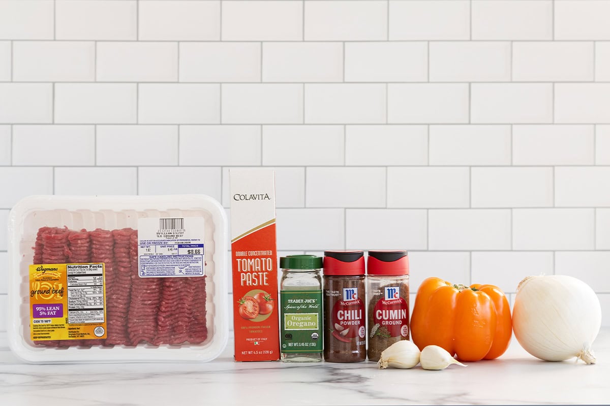 Ingredients for taco meat on countertop.