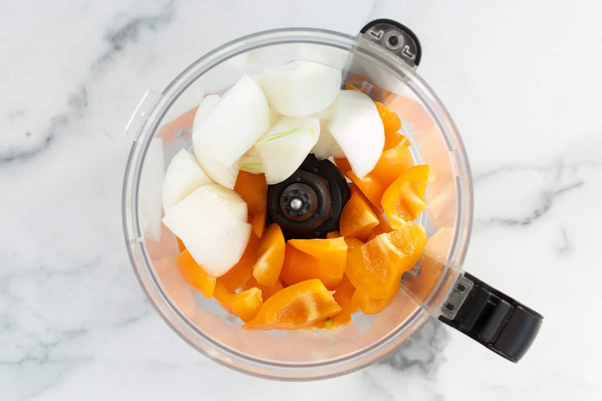 Onions and peppers in food processor for taco meat.