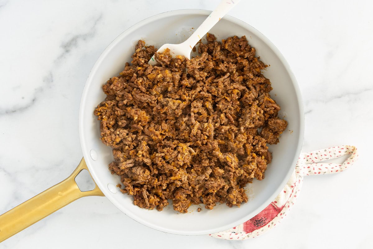 Taco meat in pan.