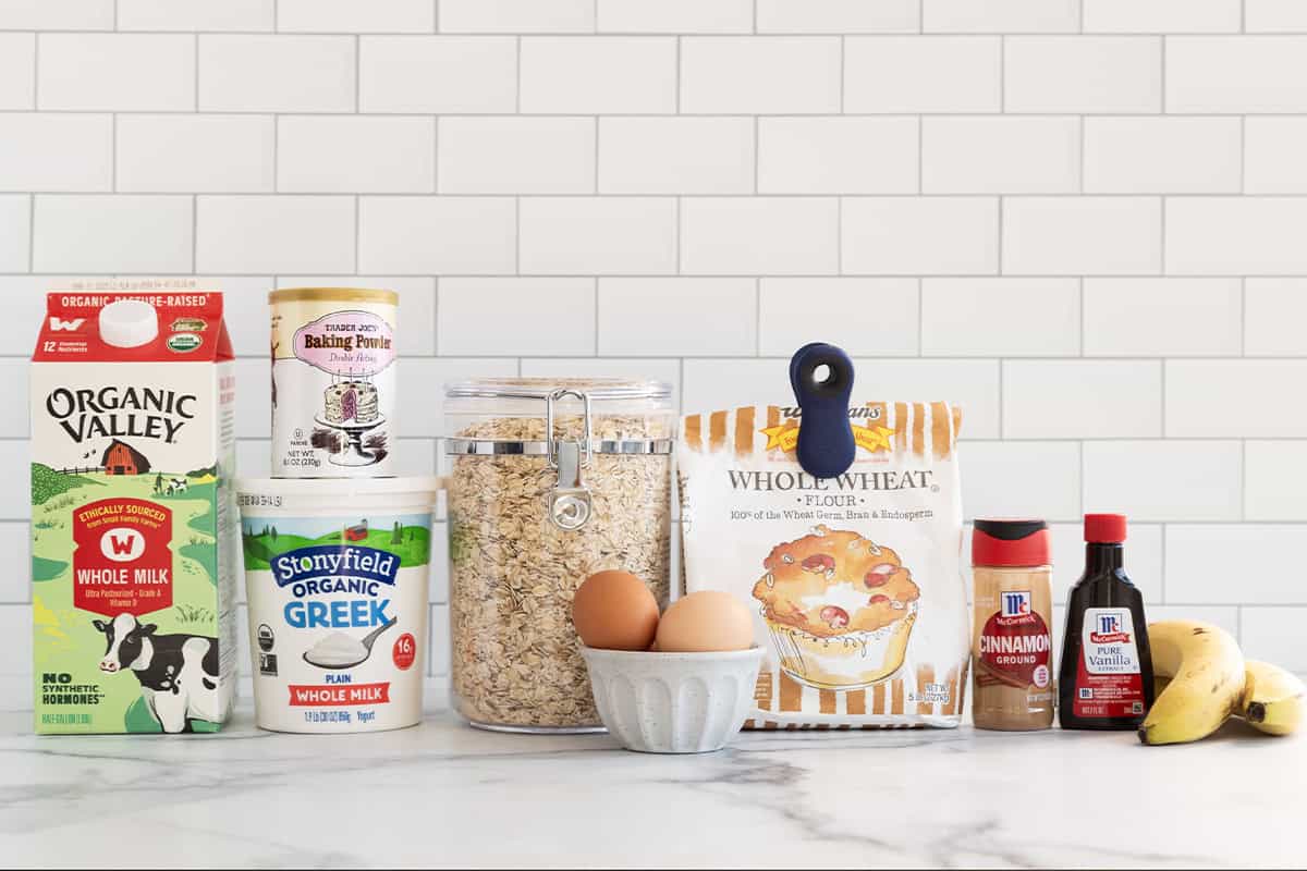 Ingredients for Oatmeal Protein Pancakes on countertop.