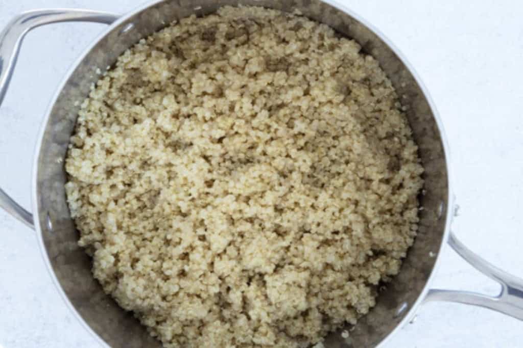 Quinoa in pot after cooking.