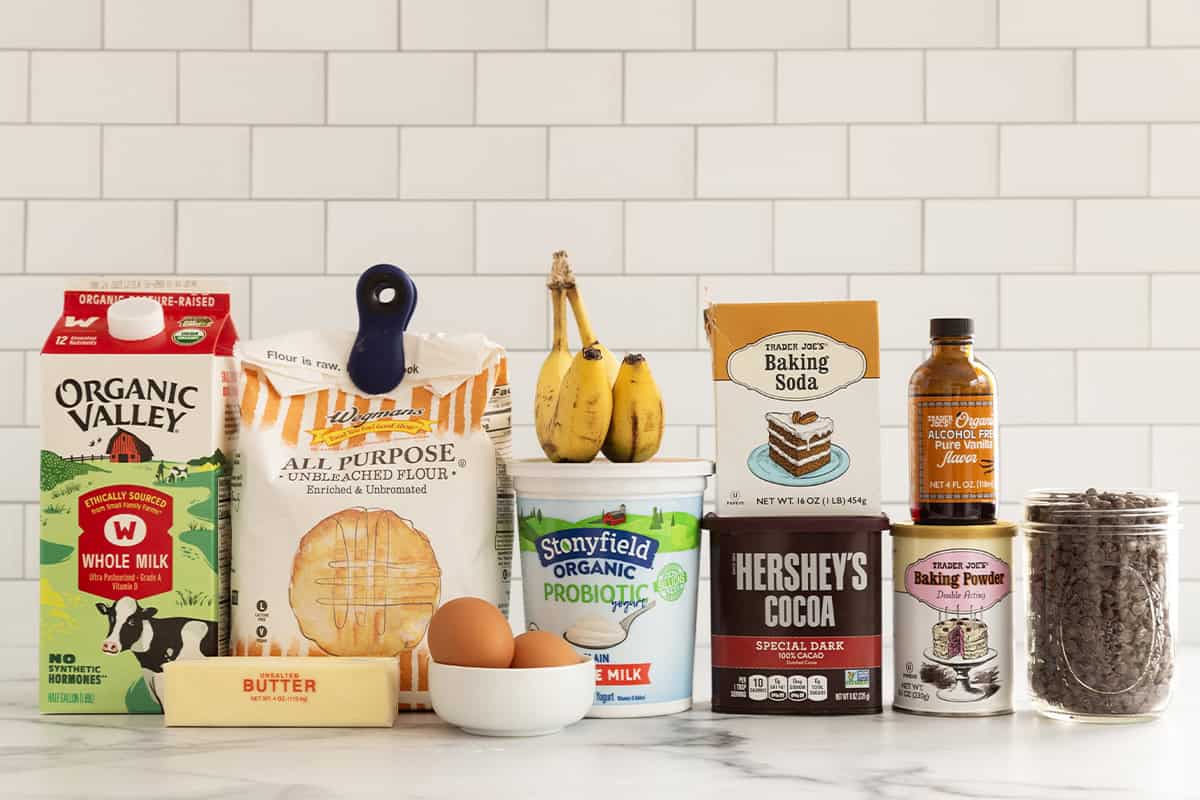 Ingredients for chocolate snack cake on countertop.