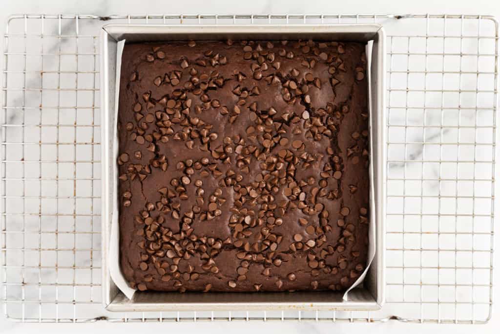 Chocolate snack cake in pan after baking.