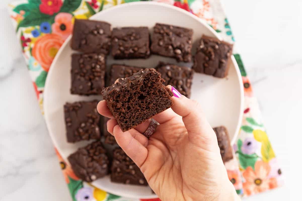 Chocolate snack cake cut into squares on plate with hand holding slice.