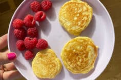 ricotta pancakes on purple plate.