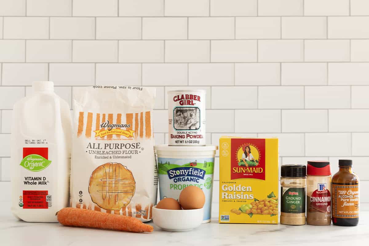 Carrot cake pancakes ingredients on countertop.