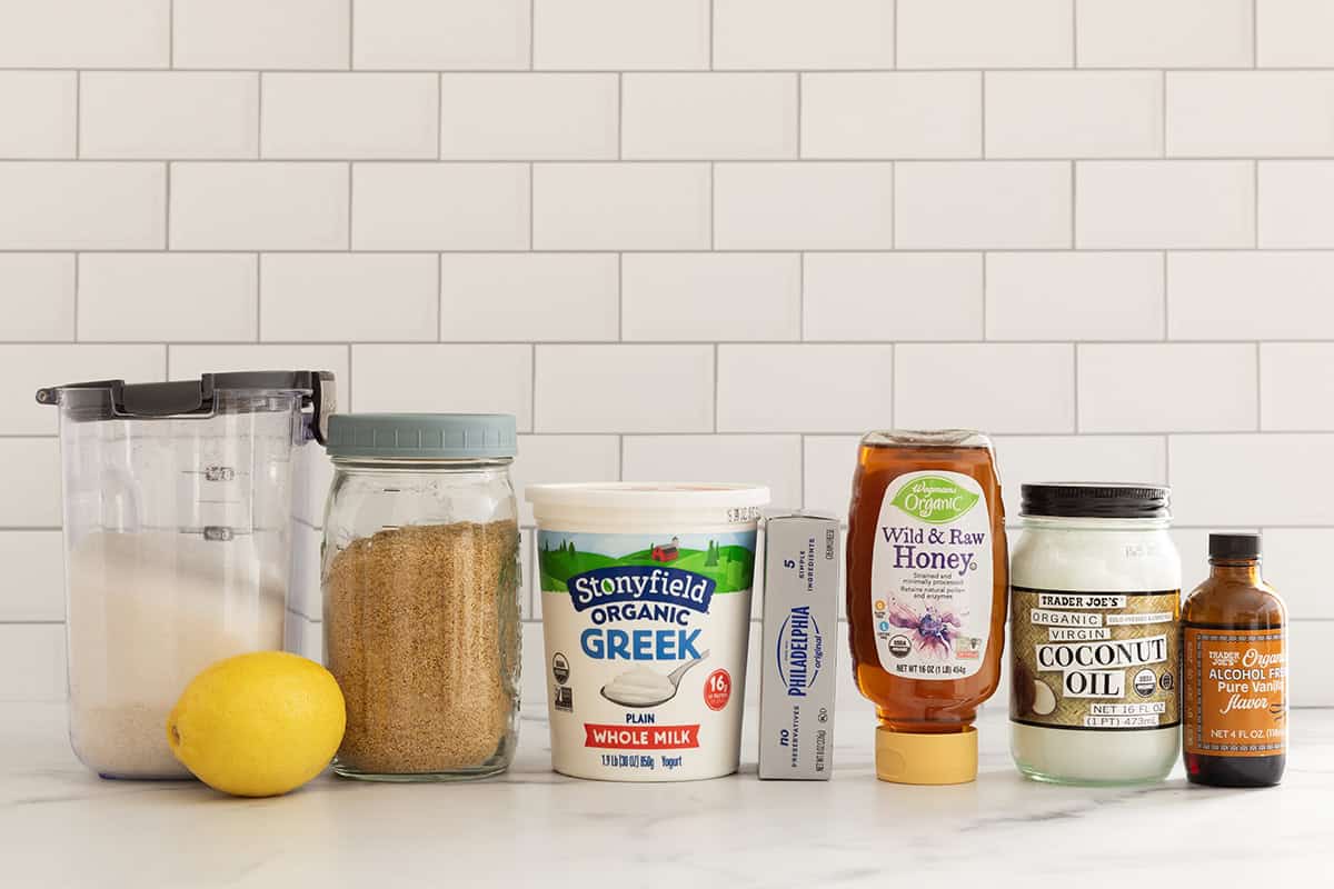 Ingredients for cheesecake cups on countertop.