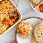 Pizza beans in casserole dish and on plate.