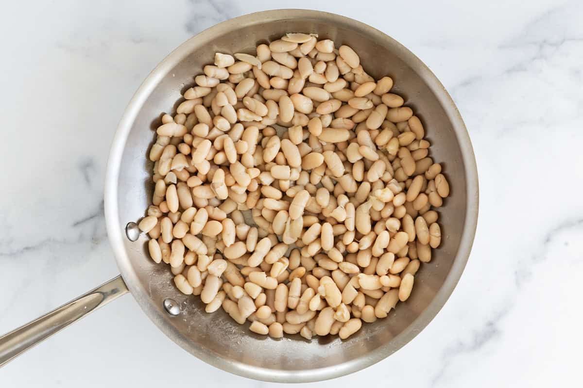 Beans in pan for pizza beans.