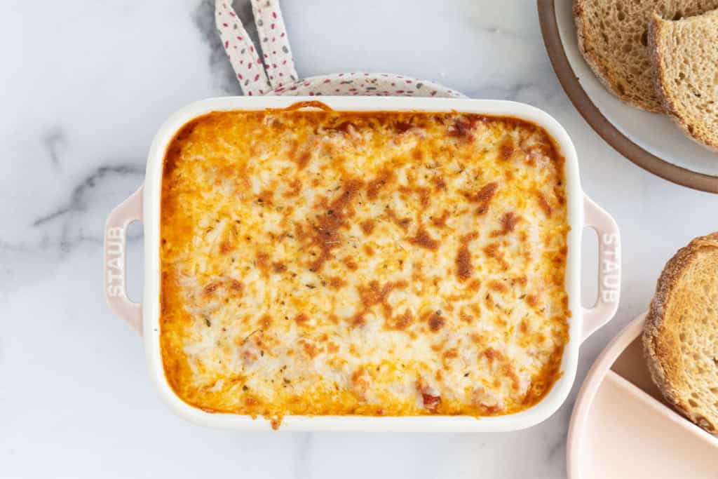 Pizza beans in casserole dish after baking.